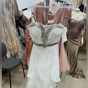 Chic White Mini Dress with Embellished Neckline